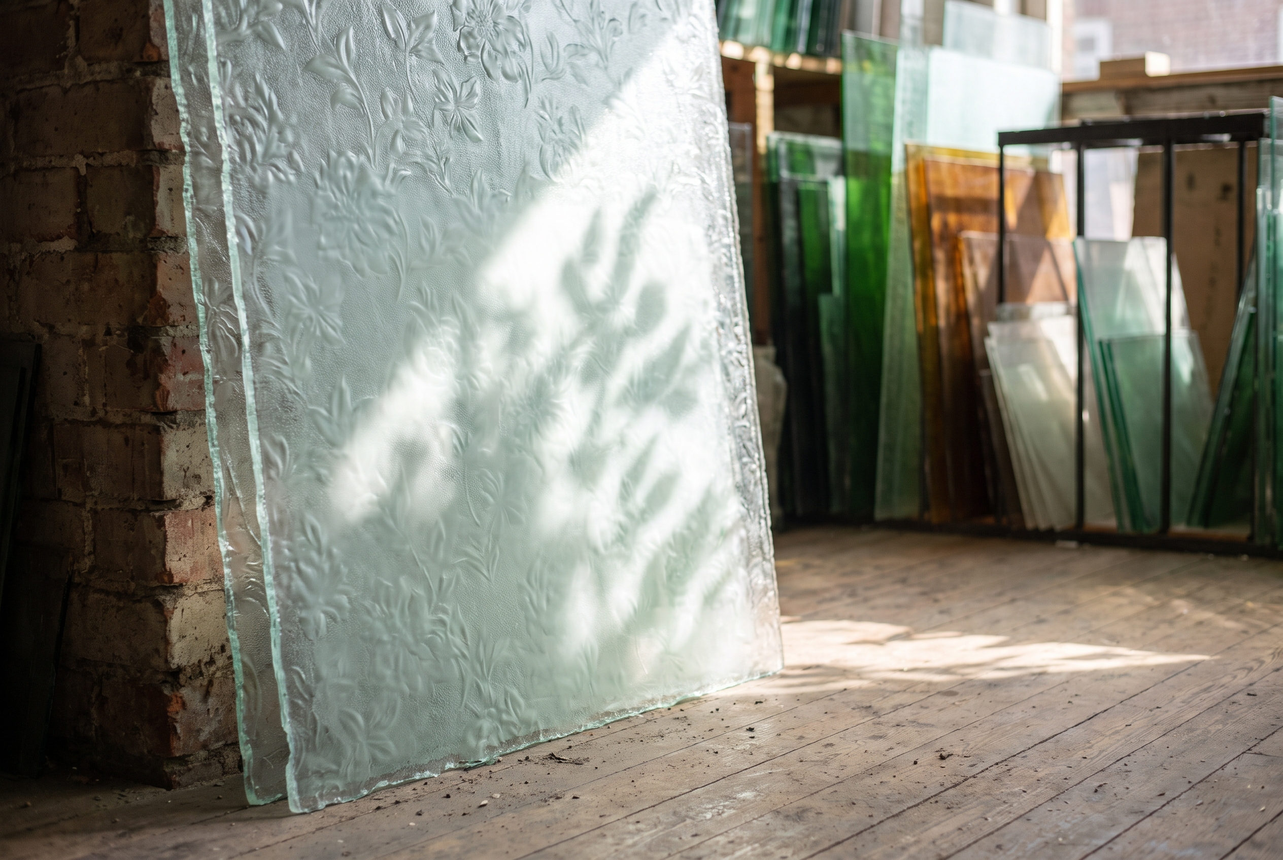 Patterned Pilkington glass on display at the Manor Glass shop